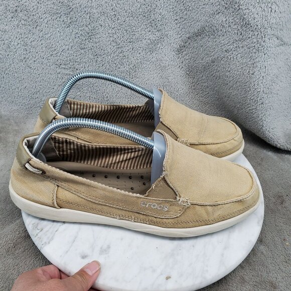 Crocs Shoes Womens Size 10 Tan Canvas Santa Cruz Slip On Loafer *Read* - Picture 6 of 14